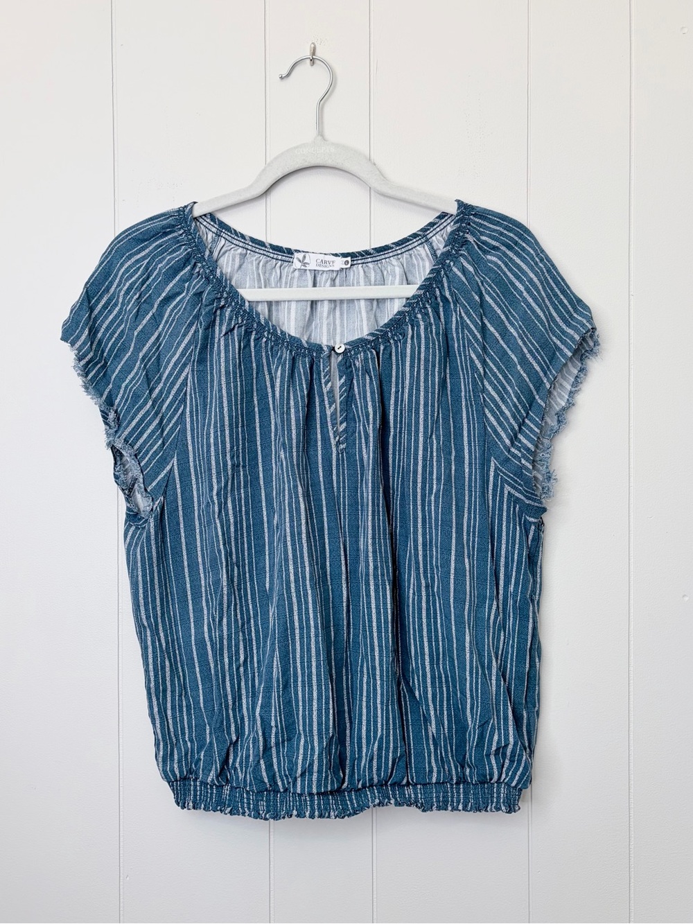 Carve Designs Blue Striped Short Sleeve Peasant Top Lightweight Beachy Large